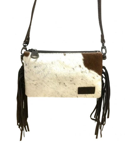 Coffee Cowhide Leather Fringe Clutch/Crossbody