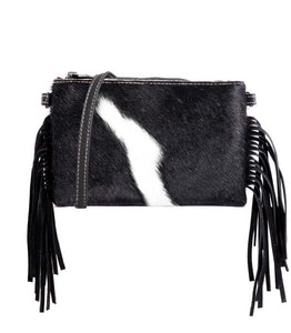 Black Cowhide Leather Fringe Clutch/Crossbody