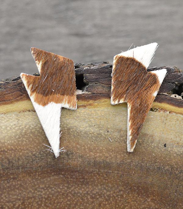 Cowhide Lightning Bolt Post Earrings