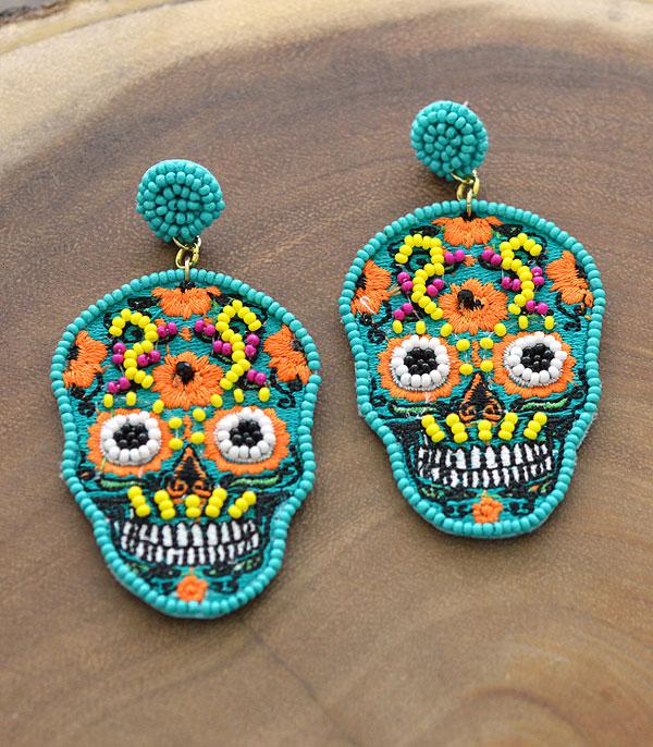 Blue Seed Bead Sugar Skull Earrings