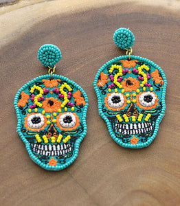 Blue Seed Bead Sugar Skull Earrings